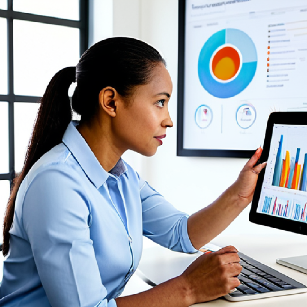 A professional, ethnically diverse mid-adult woman in a modest business casual dress, fully clothed, is seated at a clean, modern desk. She is thoughtfully viewing a digital tablet that displays vibrant, abstract visualizations of genetic data alongside personalized nutrition and exercise recommendations. The background is a bright, minimalist home office with ample natural light. The image conveys a sense of empowerment and informed decision-making. Perfect anatomy, correct proportions, natural pose, well-formed hands, proper finger count. Professional photography, high detail, sharp focus, vibrant colors, appropriate content, safe for work, family-friendly.
