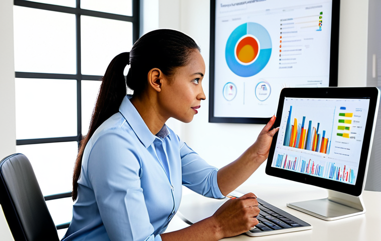 A professional, ethnically diverse mid-adult woman in a modest business casual dress, fully clothed, is seated at a clean, modern desk. She is thoughtfully viewing a digital tablet that displays vibrant, abstract visualizations of genetic data alongside personalized nutrition and exercise recommendations. The background is a bright, minimalist home office with ample natural light. The image conveys a sense of empowerment and informed decision-making. Perfect anatomy, correct proportions, natural pose, well-formed hands, proper finger count. Professional photography, high detail, sharp focus, vibrant colors, appropriate content, safe for work, family-friendly.