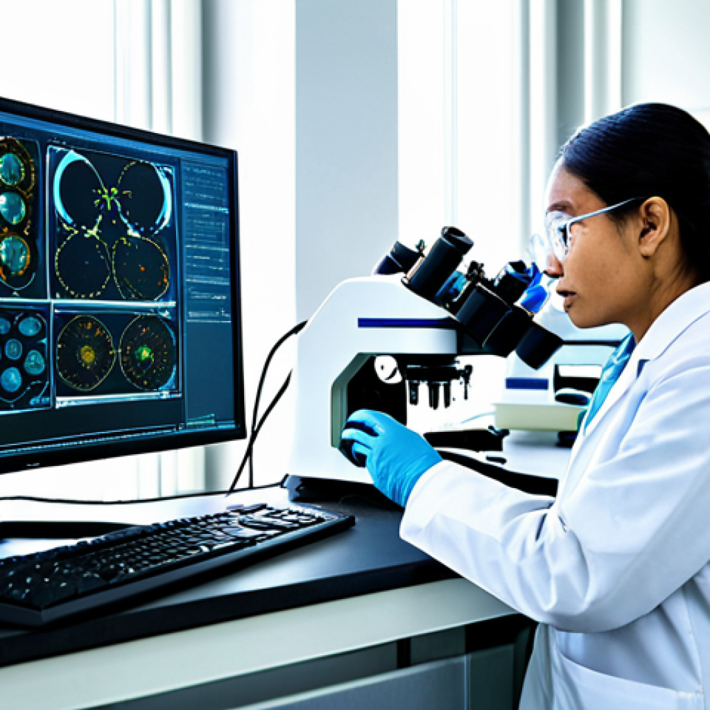A team of diverse professional scientists in lab coats, fully clothed, working diligently in a state-of-the-art research laboratory. One scientist is looking into a microscope, another is analyzing data on a large screen displaying complex molecular structures and graphs, while a third is carefully handling scientific equipment like test tubes and flasks. The lab is pristine, well-lit, and futuristic, with rows of advanced biotech machinery. The atmosphere is one of intense focus and groundbreaking discovery. safe for work, appropriate content, modest clothing, perfect anatomy, correct proportions, natural pose, well-formed hands, proper finger count, professional photography, high quality.