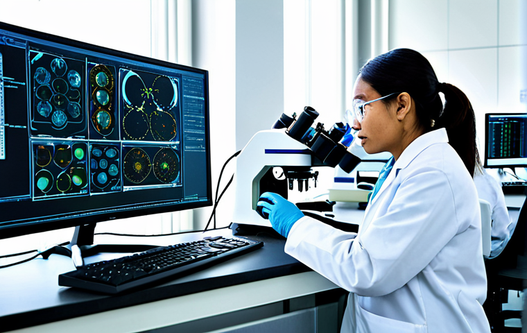 A team of diverse professional scientists in lab coats, fully clothed, working diligently in a state-of-the-art research laboratory. One scientist is looking into a microscope, another is analyzing data on a large screen displaying complex molecular structures and graphs, while a third is carefully handling scientific equipment like test tubes and flasks. The lab is pristine, well-lit, and futuristic, with rows of advanced biotech machinery. The atmosphere is one of intense focus and groundbreaking discovery. safe for work, appropriate content, modest clothing, perfect anatomy, correct proportions, natural pose, well-formed hands, proper finger count, professional photography, high quality.