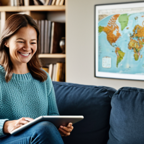 Ancestry Reveal**

A woman in her late 30s, smiling warmly, looking at a glowing tablet displaying a detailed world map with highlighted regions representing her ancestry. The background is a cozy living room with bookshelves and family photos. She's wearing a comfortable sweater and jeans. Focus on a joyful and curious expression. "Safe for work," "appropriate content," "fully clothed," "family-friendly," "perfect anatomy," "correct proportions," "natural pose," "professional digital art," "high resolution," "detailed background."

**
