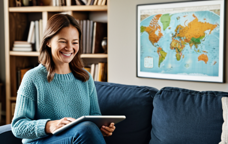 Ancestry Reveal**

A woman in her late 30s, smiling warmly, looking at a glowing tablet displaying a detailed world map with highlighted regions representing her ancestry. The background is a cozy living room with bookshelves and family photos. She's wearing a comfortable sweater and jeans. Focus on a joyful and curious expression. "Safe for work," "appropriate content," "fully clothed," "family-friendly," "perfect anatomy," "correct proportions," "natural pose," "professional digital art," "high resolution," "detailed background."

**