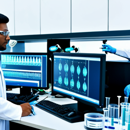 **

"A team of diverse scientists in a brightly lit, modern biotechnology lab, fully clothed in lab coats and safety glasses, working with DNA sequencing equipment and computer screens displaying genetic data. Beakers, test tubes, and robotic arms are visible in the background. The atmosphere is focused and collaborative. Safe for work, appropriate content, professional setting, perfect anatomy, correct proportions, well-formed hands, natural body proportions, fully clothed, professional."

**