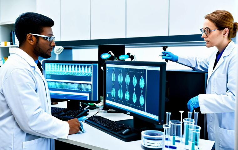 **

"A team of diverse scientists in a brightly lit, modern biotechnology lab, fully clothed in lab coats and safety glasses, working with DNA sequencing equipment and computer screens displaying genetic data. Beakers, test tubes, and robotic arms are visible in the background. The atmosphere is focused and collaborative. Safe for work, appropriate content, professional setting, perfect anatomy, correct proportions, well-formed hands, natural body proportions, fully clothed, professional."

**