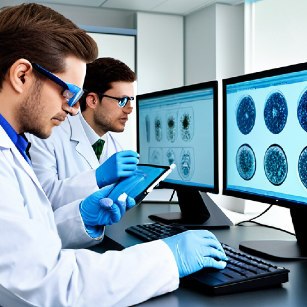 CAR T 세포 치료의 발전 - "A team of scientists in a modern laboratory, wearing lab coats and safety glasses, researching CAR-...