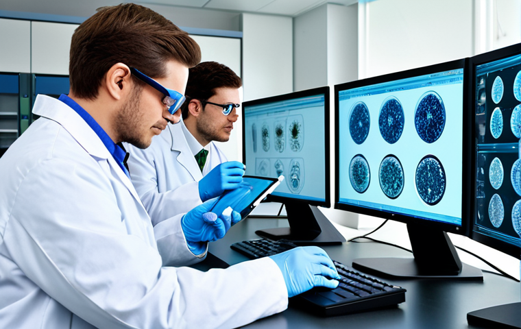 CAR T 세포 치료의 발전 - "A team of scientists in a modern laboratory, wearing lab coats and safety glasses, researching CAR-...