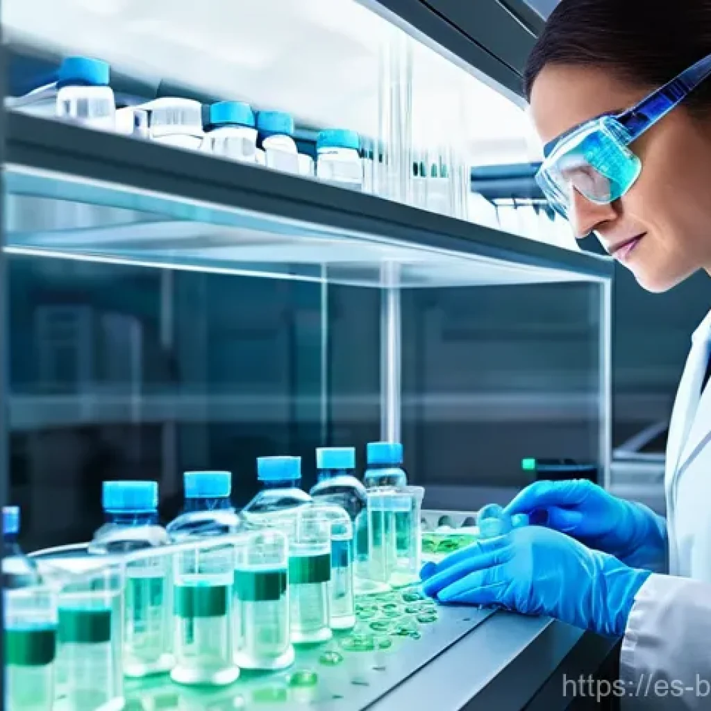 배양 세포의 종류 - **A highly detailed, realistic image of a modern biotechnology laboratory.** A female scientist, wea...