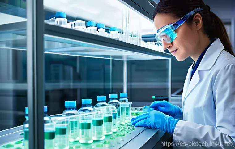 배양 세포의 종류 - **A highly detailed, realistic image of a modern biotechnology laboratory.** A female scientist, wea...