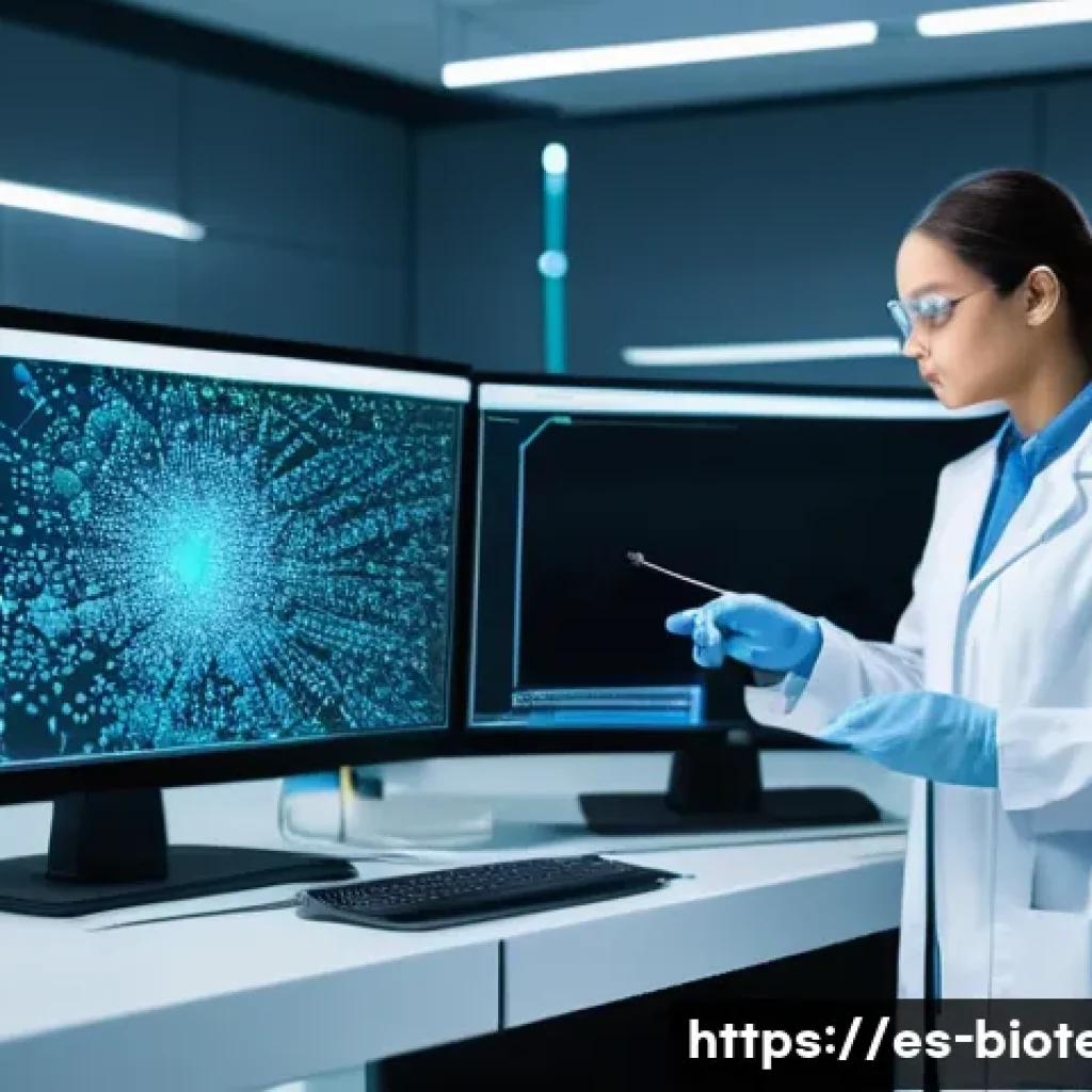 AI 바이오 시장 - **Prompt: "A state-of-the-art biotechnology laboratory scene. In the foreground, a diverse team of m...