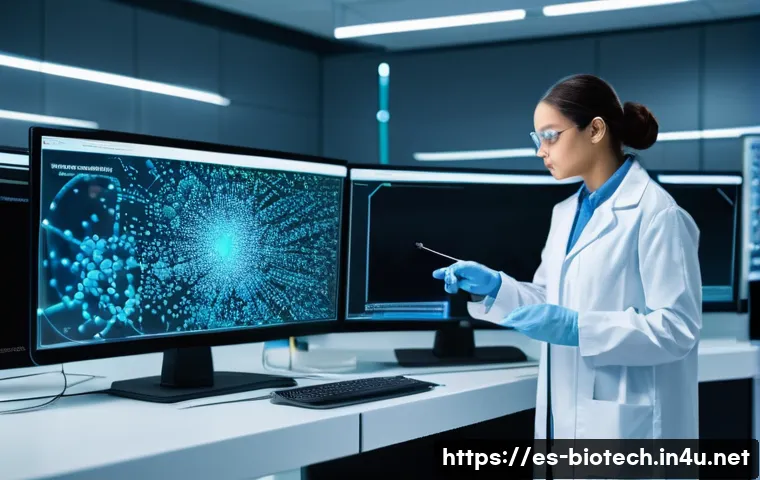 AI 바이오 시장 - **Prompt: "A state-of-the-art biotechnology laboratory scene. In the foreground, a diverse team of m...