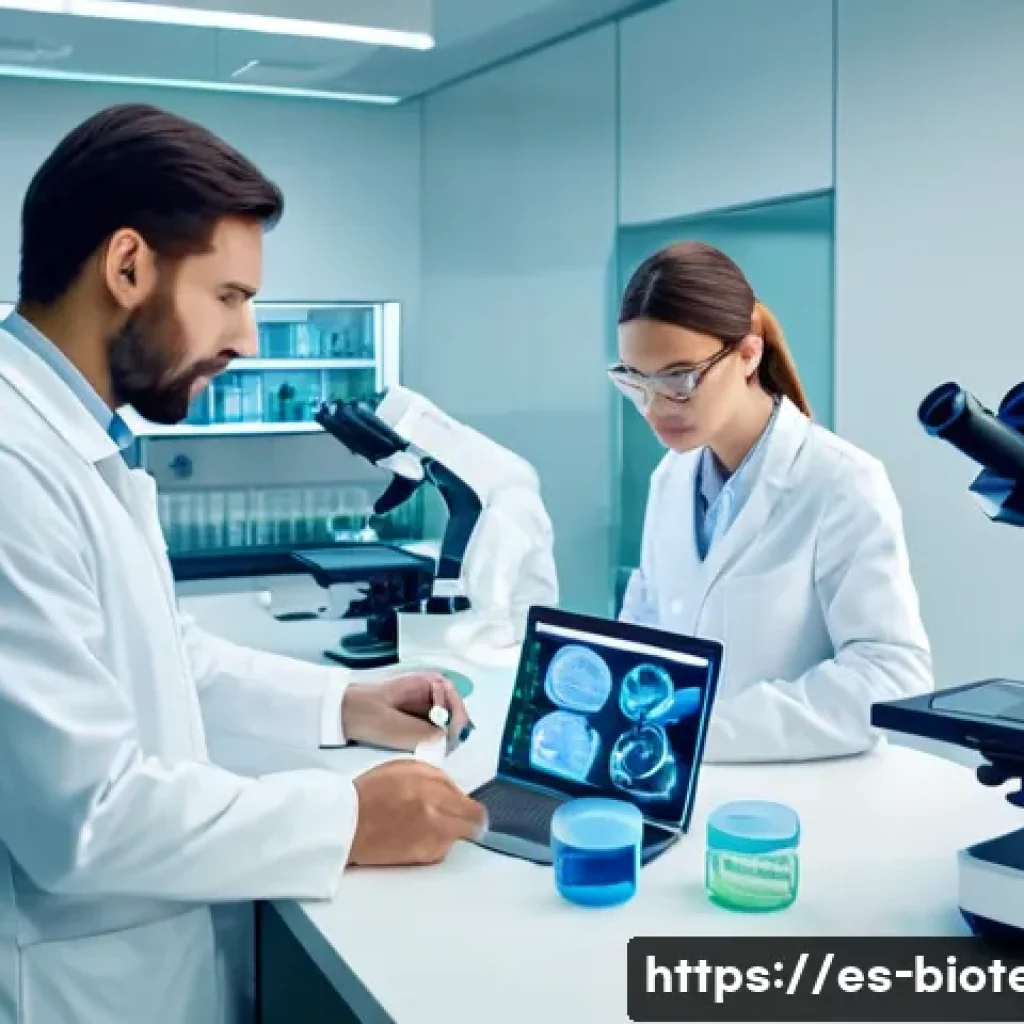 FDA의 바이오 제품 승인 - A modern pharmaceutical laboratory scene in Spain, showing a diverse team of scientists in white lab...