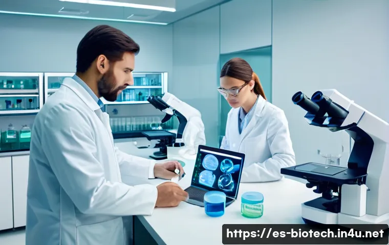 FDA의 바이오 제품 승인 - A modern pharmaceutical laboratory scene in Spain, showing a diverse team of scientists in white lab...