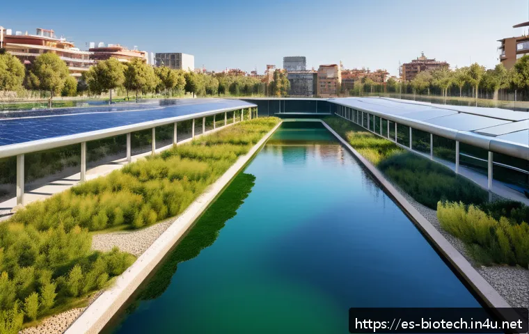 바이오 필터 - A modern ecological wastewater treatment facility integrated within a vibrant urban park in Barcelon...