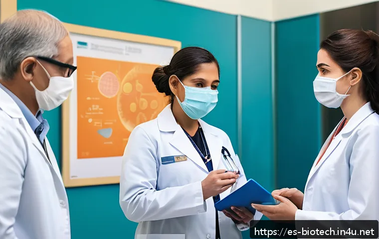 바이오시밀러 - A vibrant Latin American urban hospital pharmacy setting, showcasing diverse healthcare professional...