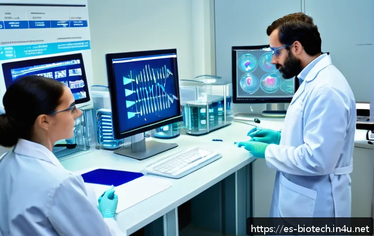 바이오 데이터 분석 - A modern clinical genomics laboratory scene in Spain, showcasing scientists in professional attire w...