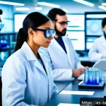 Home 18 제약 회사와 바이오 회사 차이 - A modern laboratory scene showcasing a diverse team of Hispanic scientists working collaboratively o...