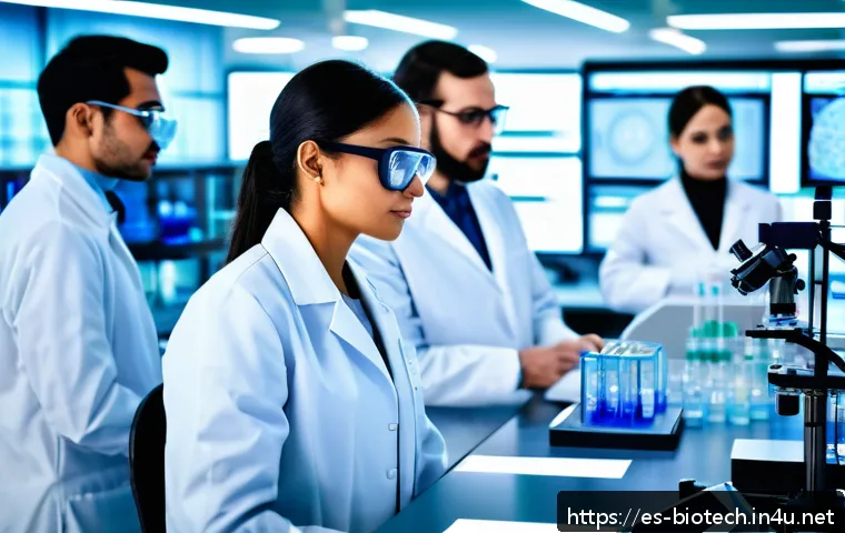 제약 회사와 바이오 회사 차이 - A modern laboratory scene showcasing a diverse team of Hispanic scientists working collaboratively o...