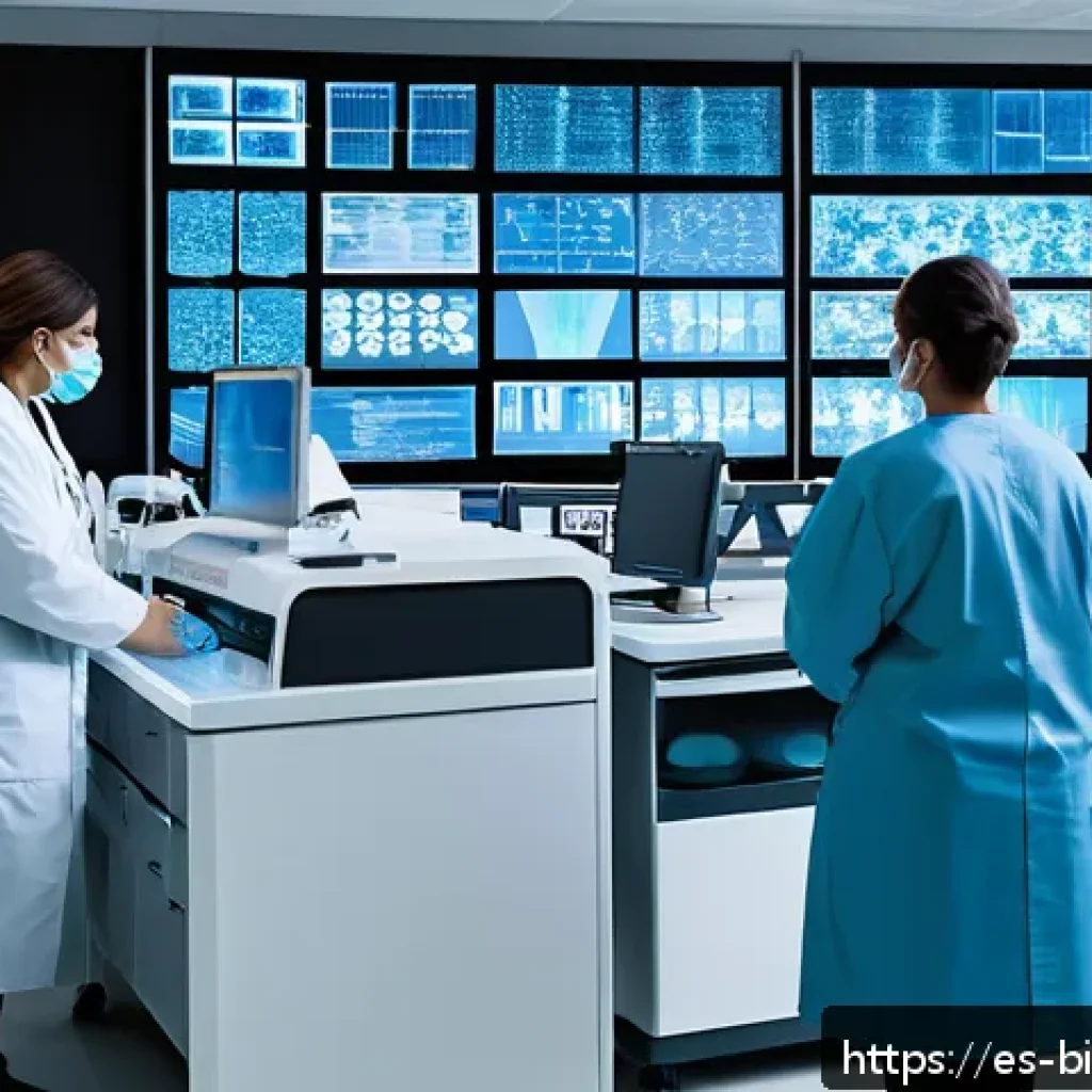 재조합 DNA 기술 - A modern Latin American medical laboratory scene showcasing scientists and doctors analyzing genomic...