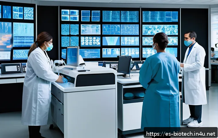 재조합 DNA 기술 - A modern Latin American medical laboratory scene showcasing scientists and doctors analyzing genomic...