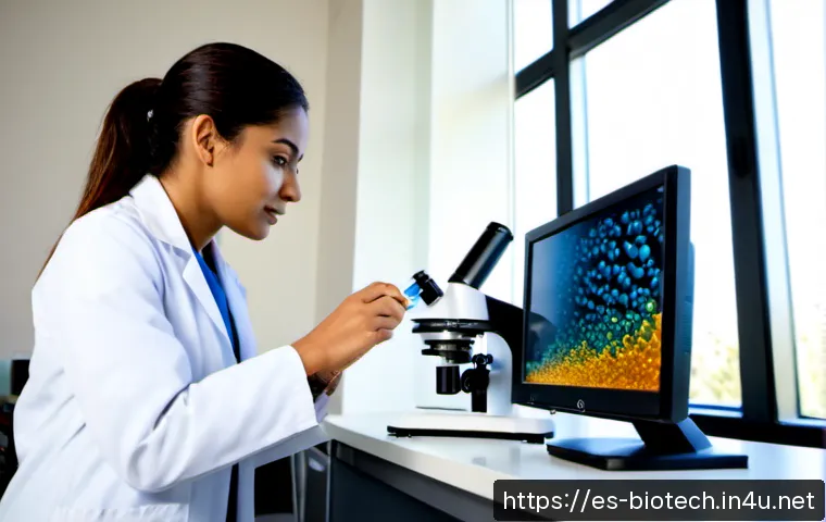 단백질 구조 분석 - Photorealistic molecular biology laboratory scene, Hispanic female scientist in a clean white lab co...