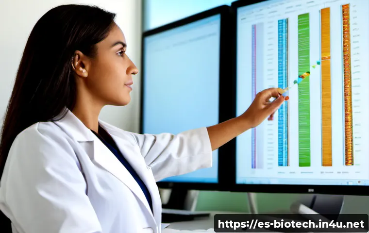 생명정보학 - Photorealistic bioinformatics research lab in Madrid, Hispanic female scientist reviewing colorful D...